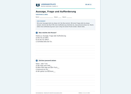 Aussage, Frage und Aufforderung – kostenloses Deutsch-Arbeitsblatt mit Lösungen (PDF)