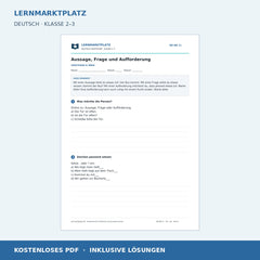 Aussage, Frage und Aufforderung – kostenloses Deutsch-Arbeitsblatt mit Lösungen (PDF)