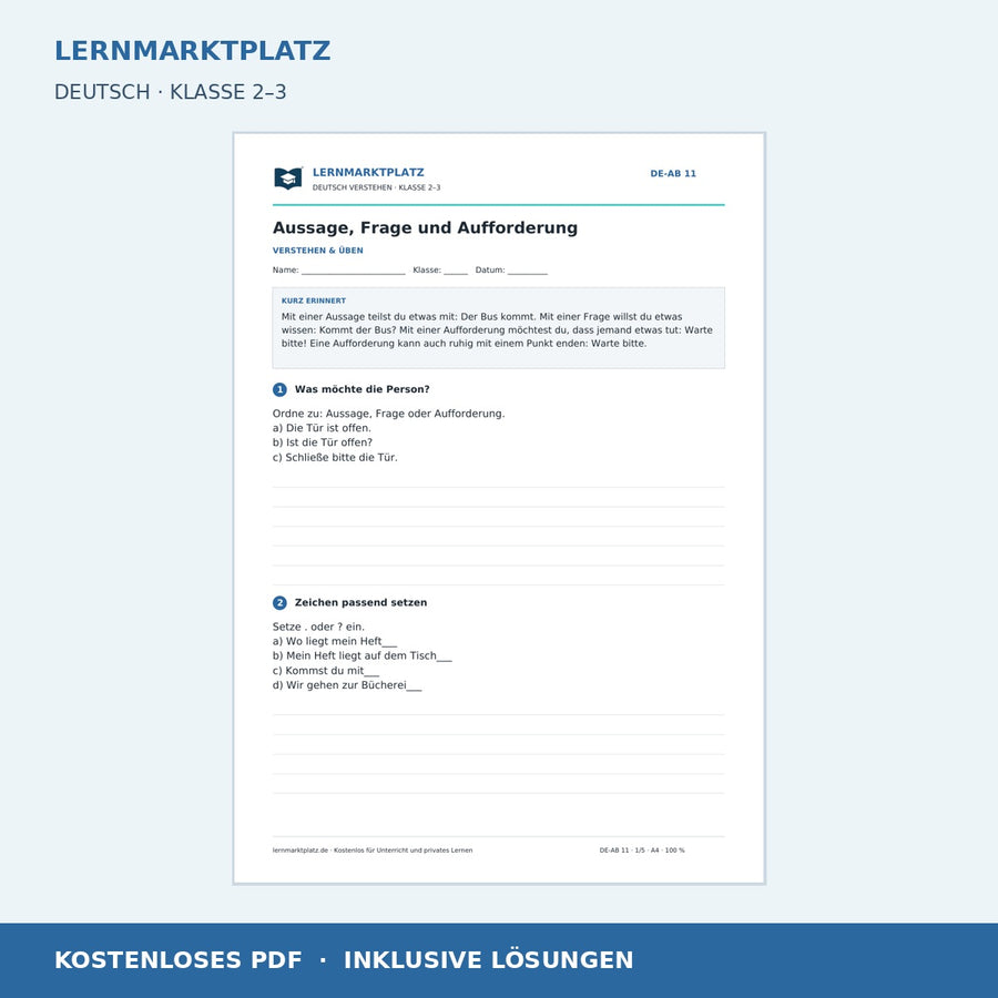 Aussage, Frage und Aufforderung – kostenloses Deutsch-Arbeitsblatt mit Lösungen (PDF)