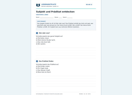 Subjekt und Prädikat entdecken – kostenloses Deutsch-Arbeitsblatt mit Lösungen (PDF)