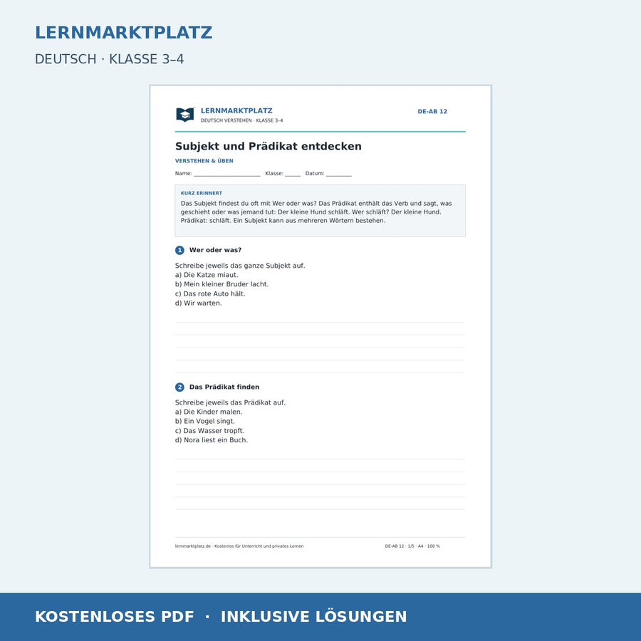 Subjekt und Prädikat entdecken – kostenloses Deutsch-Arbeitsblatt mit Lösungen (PDF)