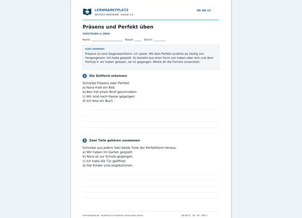 Präsens und Perfekt üben – kostenloses Deutsch-Arbeitsblatt mit Lösungen (PDF)