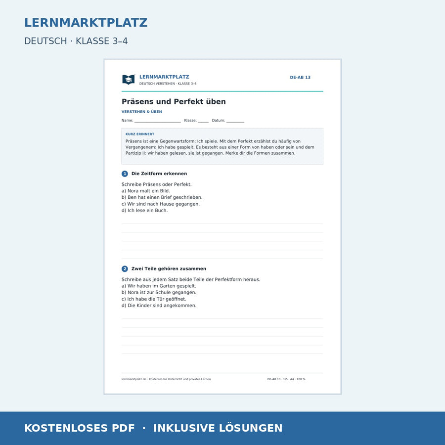 Präsens und Perfekt üben – kostenloses Deutsch-Arbeitsblatt mit Lösungen (PDF)