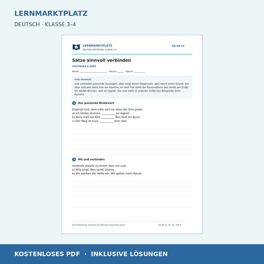 Sätze sinnvoll verbinden – kostenloses Deutsch-Arbeitsblatt mit Lösungen (PDF)