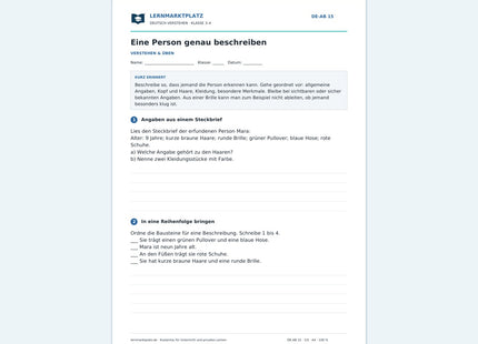 Eine Person genau beschreiben – kostenloses Deutsch-Arbeitsblatt mit Lösungen (PDF)
