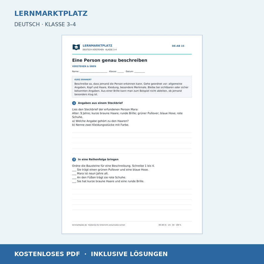 Eine Person genau beschreiben – kostenloses Deutsch-Arbeitsblatt mit Lösungen (PDF)