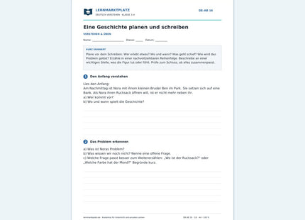 Eine Geschichte planen und schreiben – kostenloses Deutsch-Arbeitsblatt mit Lösungen (PDF)