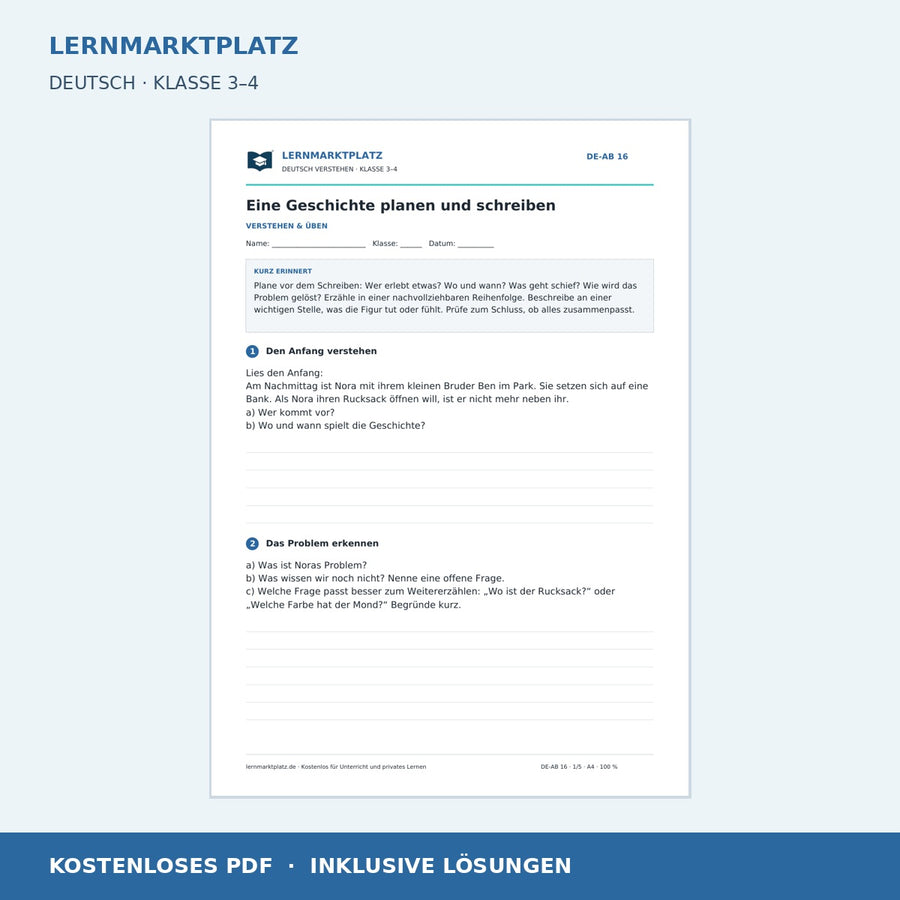 Eine Geschichte planen und schreiben – kostenloses Deutsch-Arbeitsblatt mit Lösungen (PDF)
