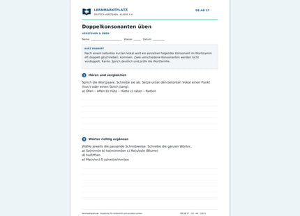 Doppelkonsonanten üben – kostenloses Deutsch-Arbeitsblatt mit Lösungen (PDF)