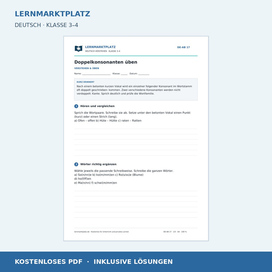 Doppelkonsonanten üben – kostenloses Deutsch-Arbeitsblatt mit Lösungen (PDF)
