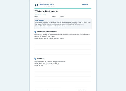Wörter mit ck und tz – kostenloses Deutsch-Arbeitsblatt mit Lösungen (PDF)