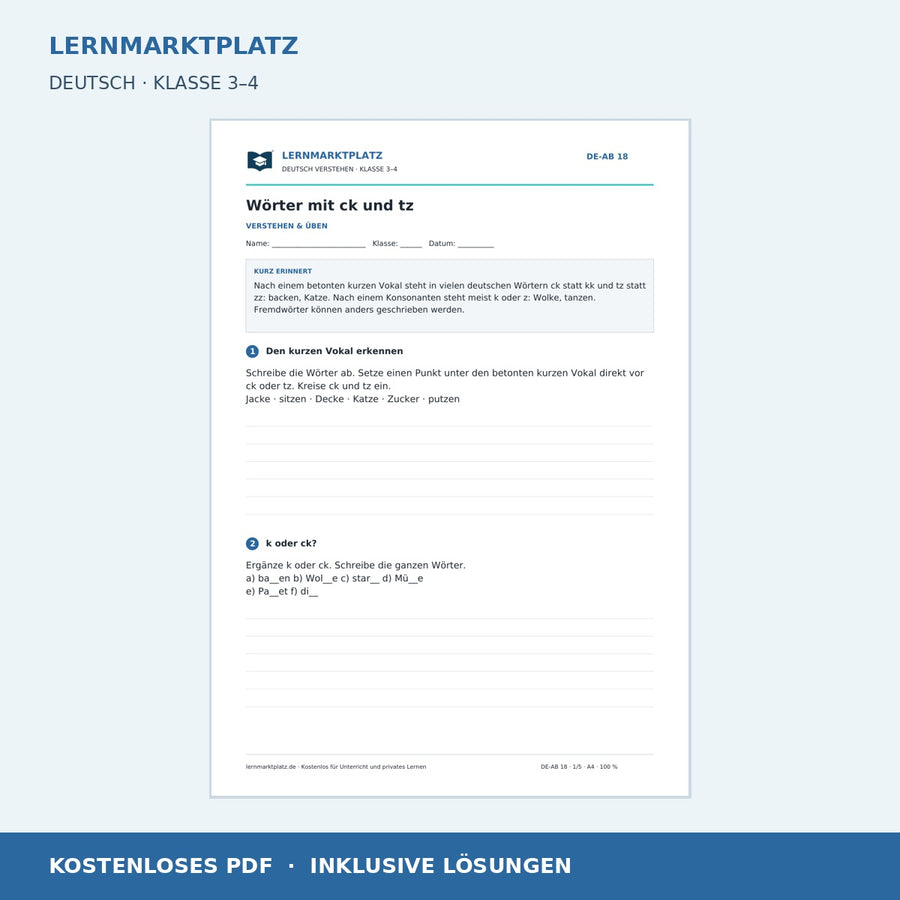 Wörter mit ck und tz – kostenloses Deutsch-Arbeitsblatt mit Lösungen (PDF)