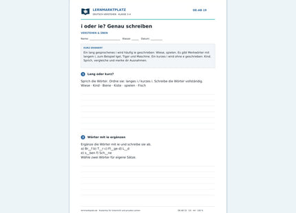 i oder ie? Genau schreiben – kostenloses Deutsch-Arbeitsblatt mit Lösungen (PDF)