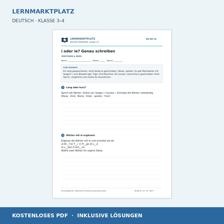 i oder ie? Genau schreiben – kostenloses Deutsch-Arbeitsblatt mit Lösungen (PDF)