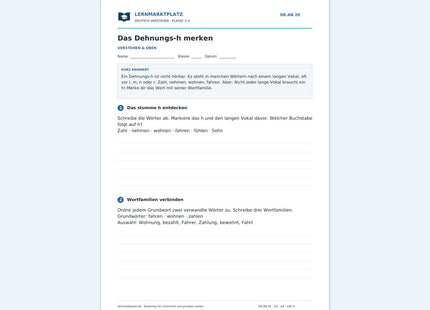 Das Dehnungs-h merken – kostenloses Deutsch-Arbeitsblatt mit Lösungen (PDF)
