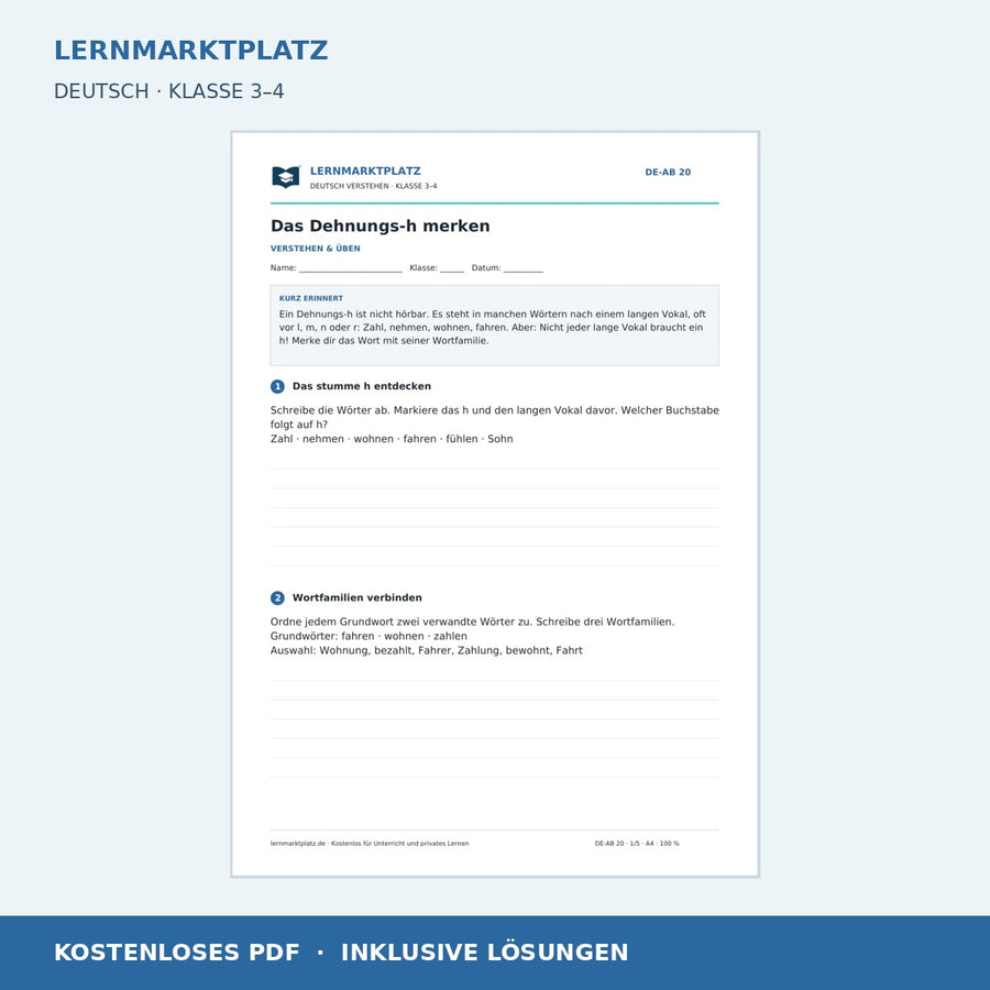 Das Dehnungs-h merken – kostenloses Deutsch-Arbeitsblatt mit Lösungen (PDF)