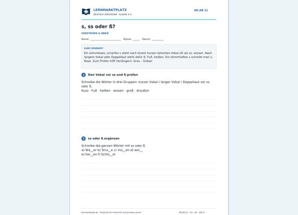 s, ss oder ß? – kostenloses Deutsch-Arbeitsblatt mit Lösungen (PDF)