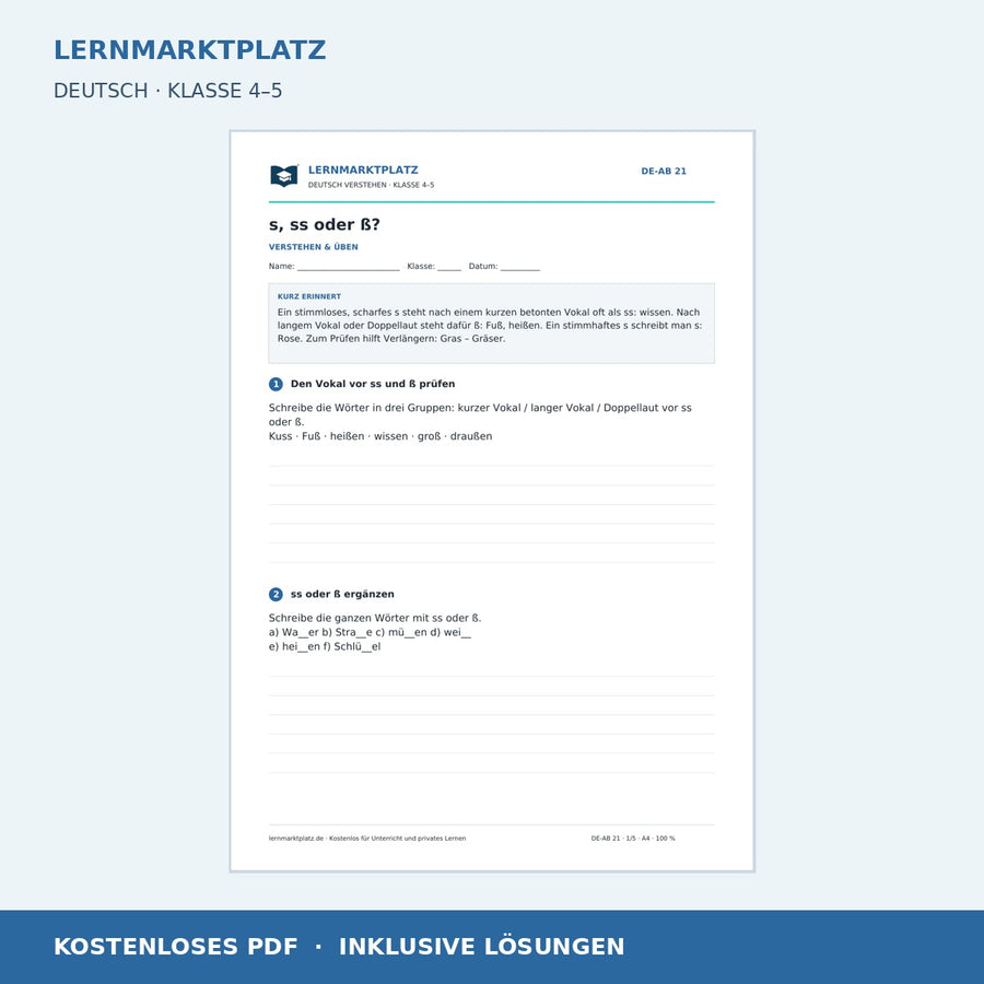 s, ss oder ß? – kostenloses Deutsch-Arbeitsblatt mit Lösungen (PDF)
