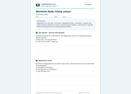Wörtliche Rede richtig setzen – kostenloses Deutsch-Arbeitsblatt mit Lösungen (PDF)