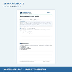 Wörtliche Rede richtig setzen – kostenloses Deutsch-Arbeitsblatt mit Lösungen (PDF)
