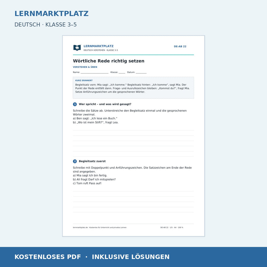 Wörtliche Rede richtig setzen – kostenloses Deutsch-Arbeitsblatt mit Lösungen (PDF)