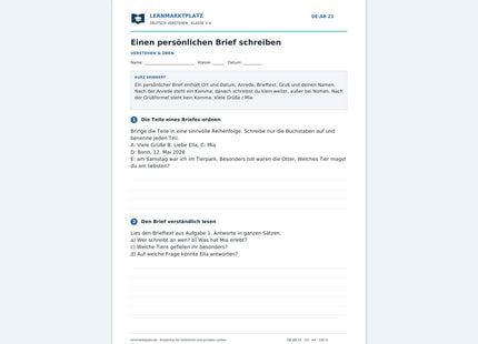 Einen persönlichen Brief schreiben – kostenloses Deutsch-Arbeitsblatt mit Lösungen (PDF)