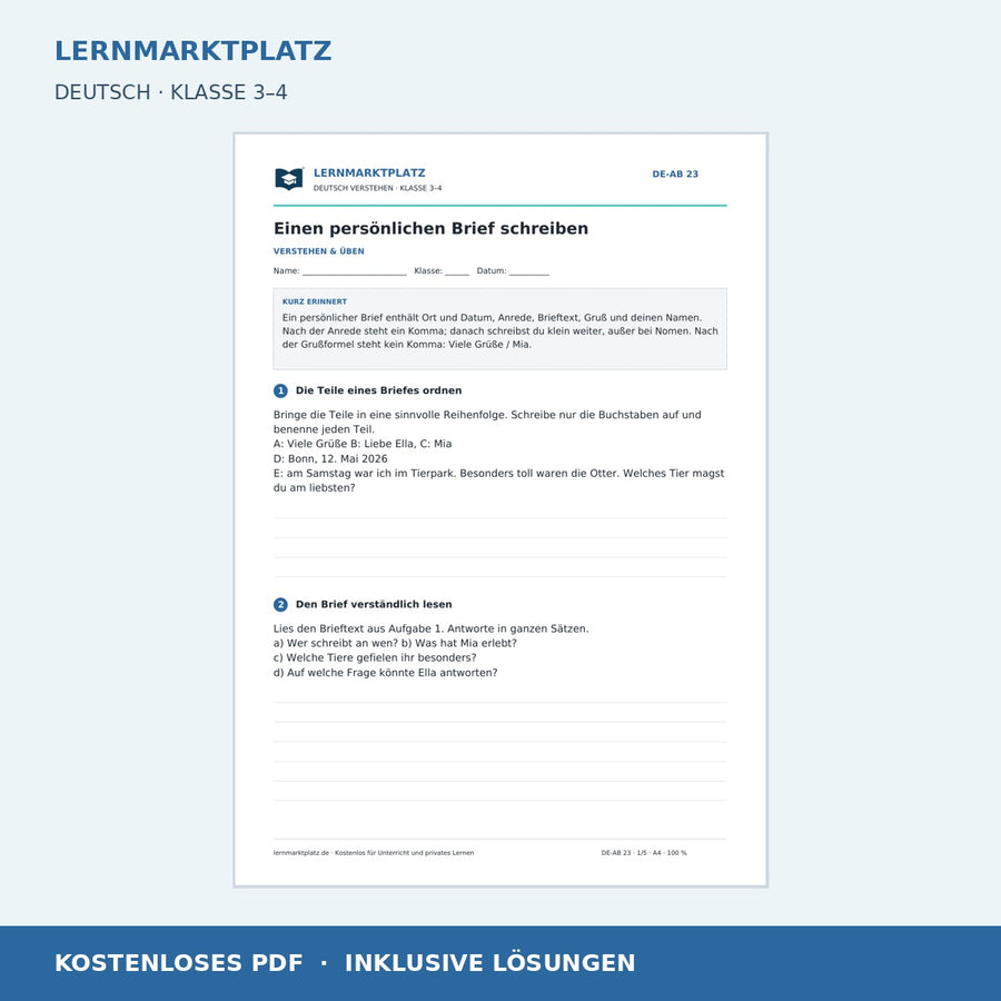 Einen persönlichen Brief schreiben – kostenloses Deutsch-Arbeitsblatt mit Lösungen (PDF)