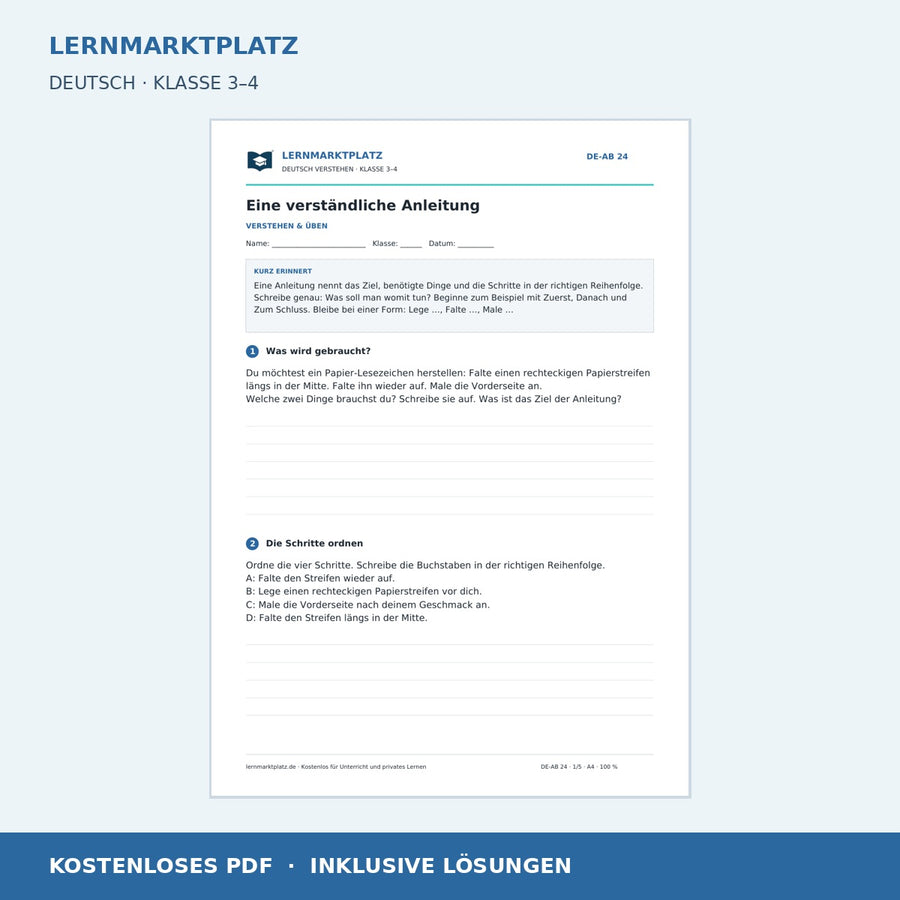 Eine verständliche Anleitung – kostenloses Deutsch-Arbeitsblatt mit Lösungen (PDF)