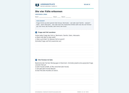 Die vier Fälle erkennen – kostenloses Deutsch-Arbeitsblatt mit Lösungen (PDF)