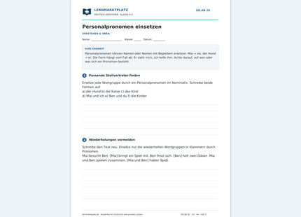 Personalpronomen einsetzen – kostenloses Deutsch-Arbeitsblatt mit Lösungen (PDF)