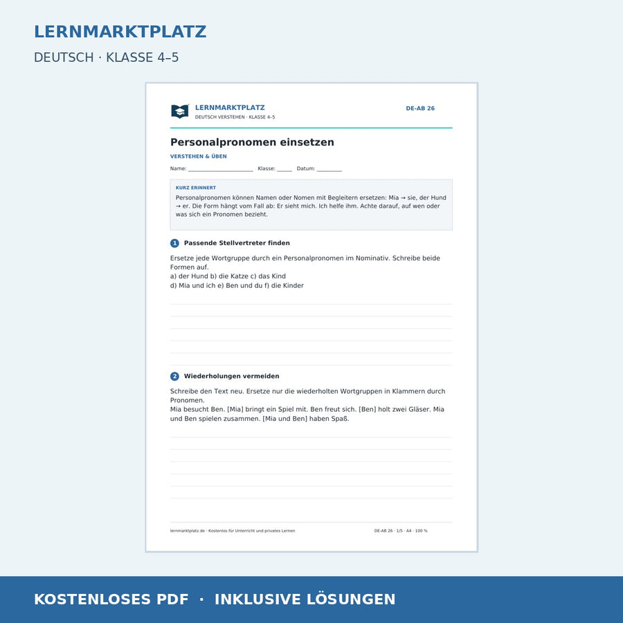 Personalpronomen einsetzen – kostenloses Deutsch-Arbeitsblatt mit Lösungen (PDF)