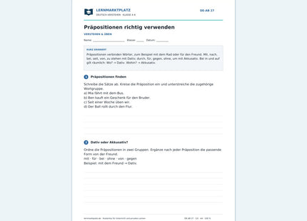 Präpositionen richtig verwenden – kostenloses Deutsch-Arbeitsblatt mit Lösungen (PDF)