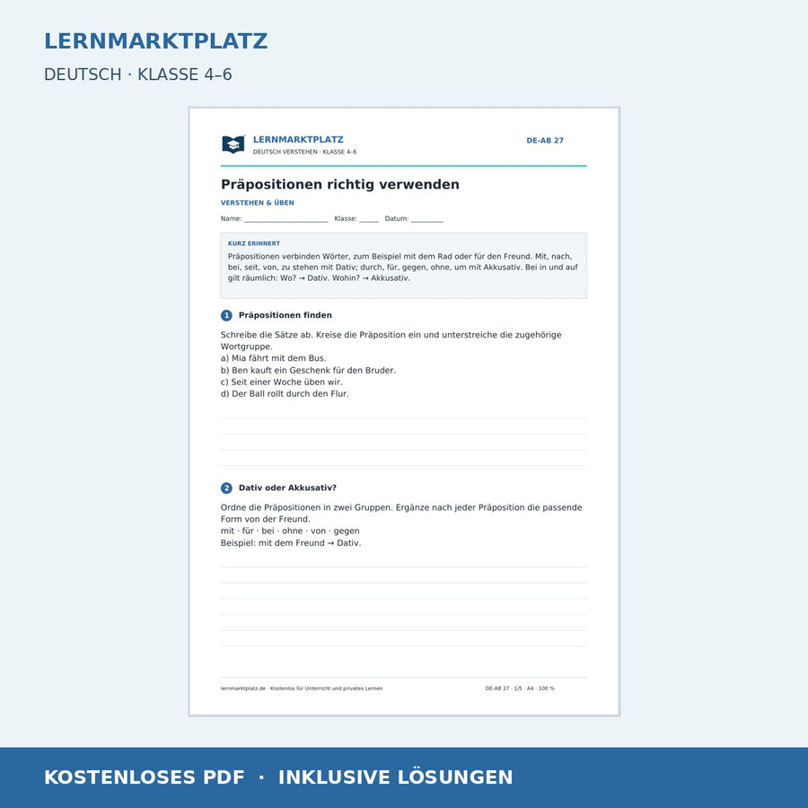 Präpositionen richtig verwenden – kostenloses Deutsch-Arbeitsblatt mit Lösungen (PDF)