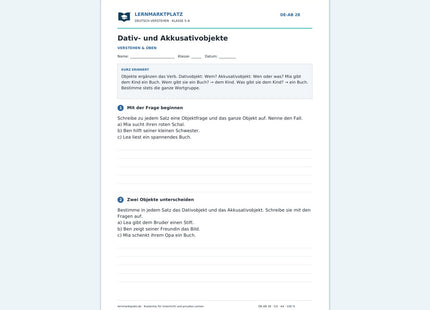 Dativ- und Akkusativobjekte – kostenloses Deutsch-Arbeitsblatt mit Lösungen (PDF)