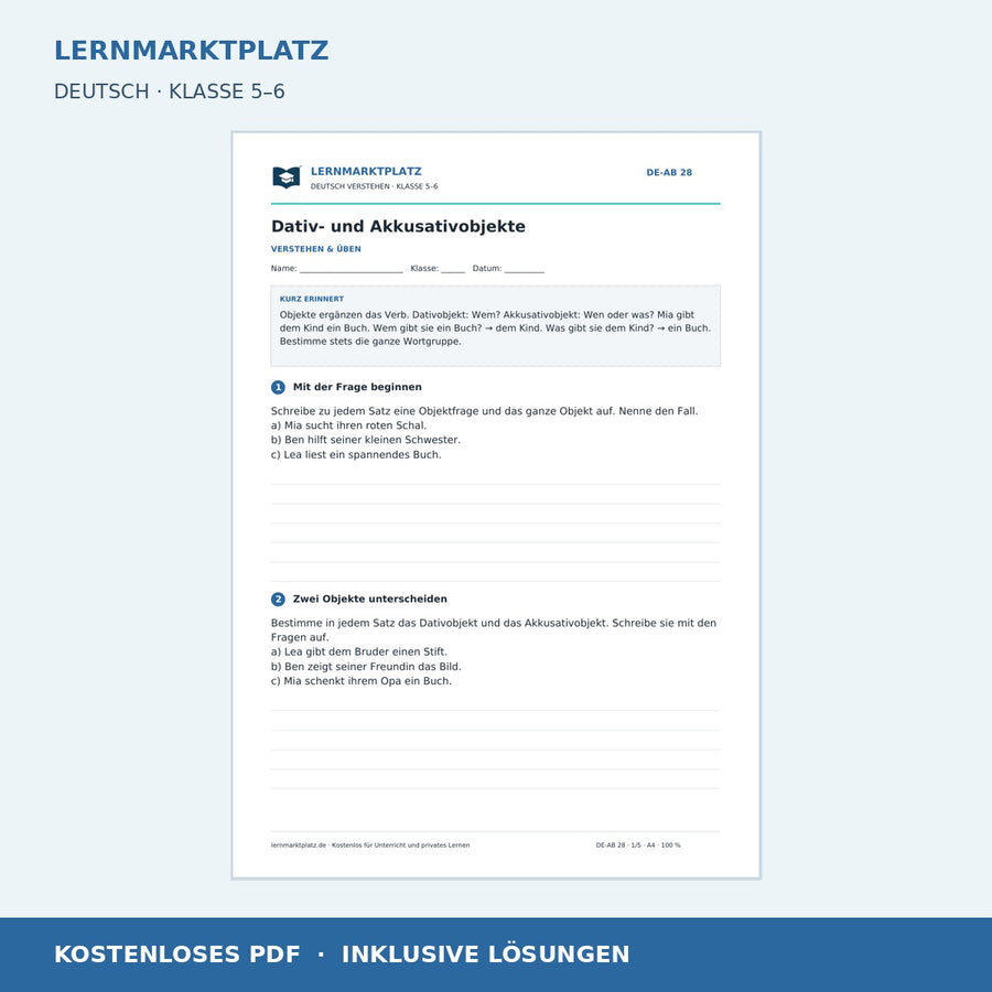 Dativ- und Akkusativobjekte – kostenloses Deutsch-Arbeitsblatt mit Lösungen (PDF)