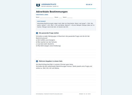 Adverbiale Bestimmungen – kostenloses Deutsch-Arbeitsblatt mit Lösungen (PDF)