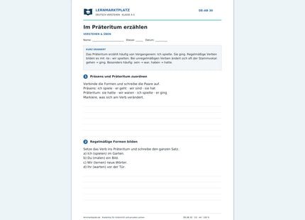 Im Präteritum erzählen – kostenloses Deutsch-Arbeitsblatt mit Lösungen (PDF)