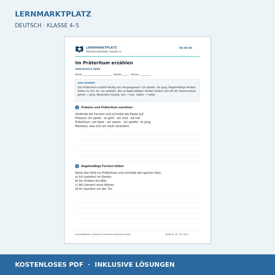Im Präteritum erzählen – kostenloses Deutsch-Arbeitsblatt mit Lösungen (PDF)