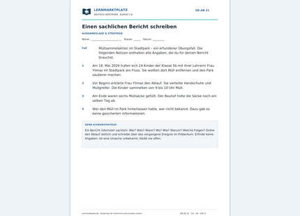 Einen sachlichen Bericht schreiben – kostenloses Deutsch-Arbeitsblatt mit Lösungen (PDF)