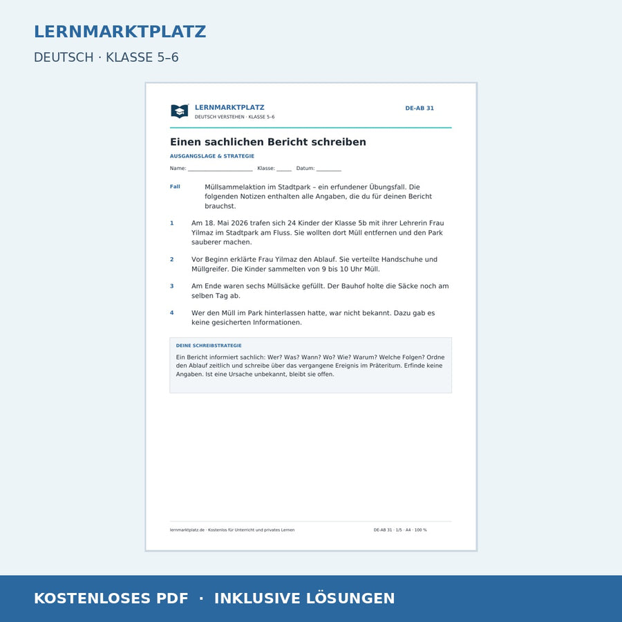 Einen sachlichen Bericht schreiben – kostenloses Deutsch-Arbeitsblatt mit Lösungen (PDF)