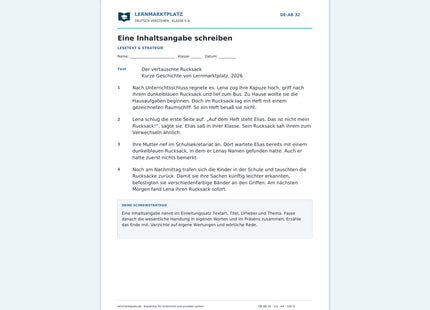 Eine Inhaltsangabe schreiben – kostenloses Deutsch-Arbeitsblatt mit Lösungen (PDF)
