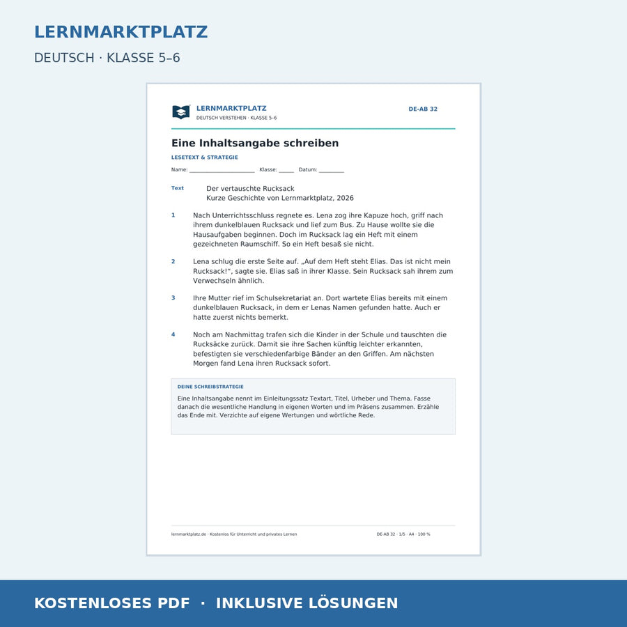 Eine Inhaltsangabe schreiben – kostenloses Deutsch-Arbeitsblatt mit Lösungen (PDF)