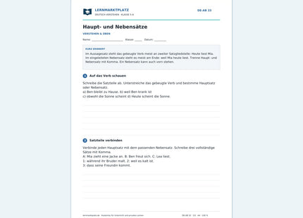 Haupt- und Nebensätze – kostenloses Deutsch-Arbeitsblatt mit Lösungen (PDF)