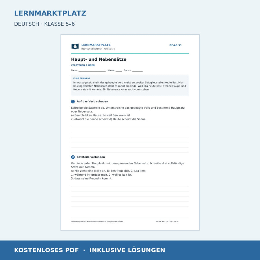 Haupt- und Nebensätze – kostenloses Deutsch-Arbeitsblatt mit Lösungen (PDF)