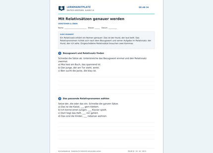 Mit Relativsätzen genauer werden – kostenloses Deutsch-Arbeitsblatt mit Lösungen (PDF)