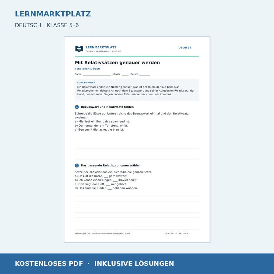 Mit Relativsätzen genauer werden – kostenloses Deutsch-Arbeitsblatt mit Lösungen (PDF)