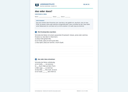 das oder dass? – kostenloses Deutsch-Arbeitsblatt mit Lösungen (PDF)