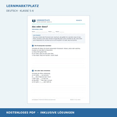 das oder dass? – kostenloses Deutsch-Arbeitsblatt mit Lösungen (PDF)
