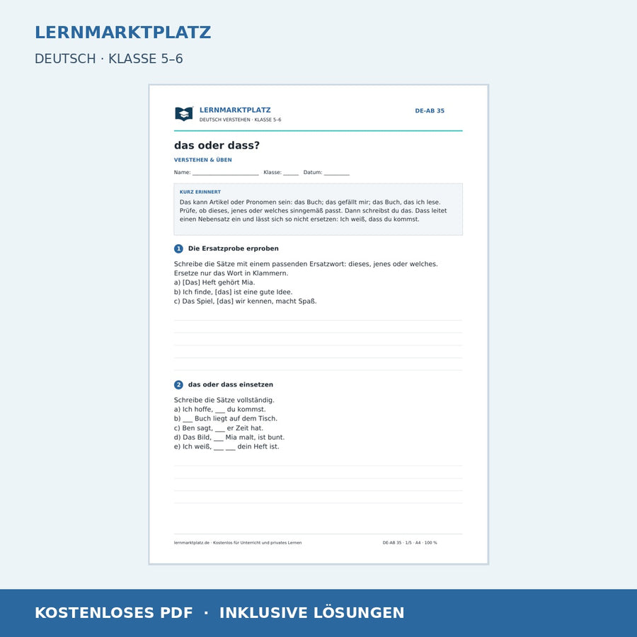 das oder dass? – kostenloses Deutsch-Arbeitsblatt mit Lösungen (PDF)