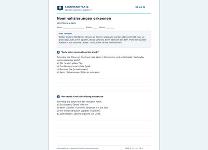 Nominalisierungen erkennen – kostenloses Deutsch-Arbeitsblatt mit Lösungen (PDF)